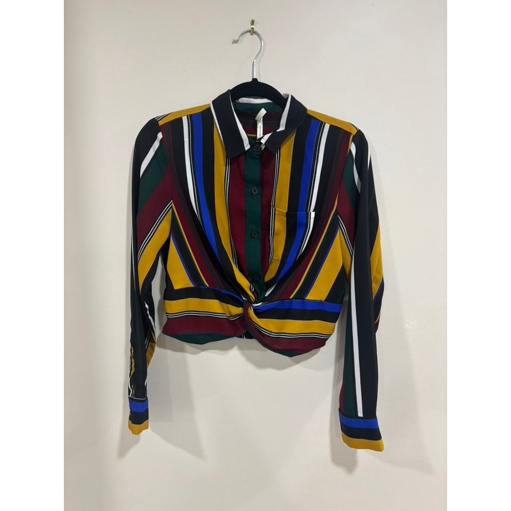 Truth NYC Striped Crop Blouse Twist Front Retro Colorblock Top M